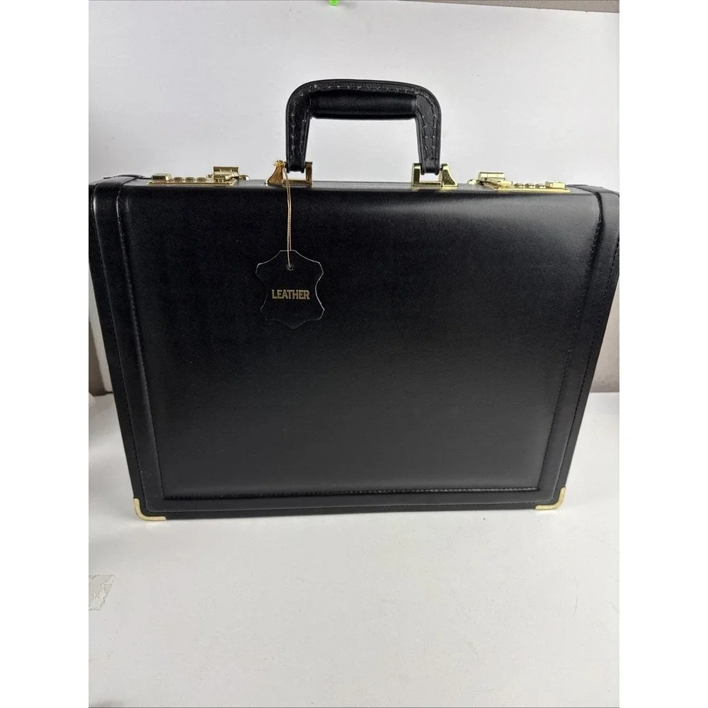 Vintage Black Leather Briefcase Hard Case Brass Dual Combination Locks New